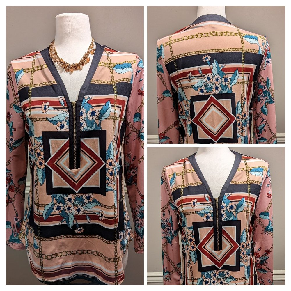 Nanette Lepore Size S Floral Maroon Pink Black Abstract Top Blouse